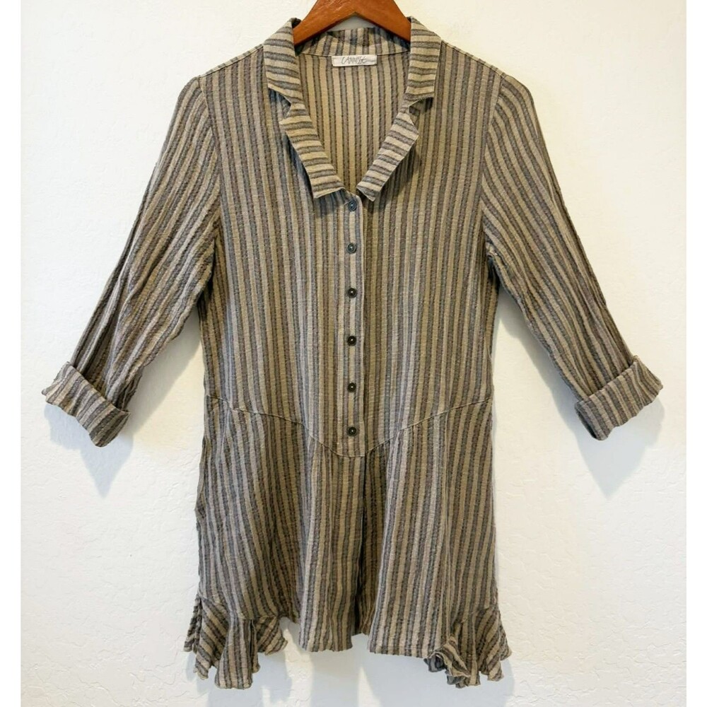 Cannisse sz. 1 = 4/6 Small Sheer Blouse Top Striped Lagenlook Linen Cotton Boho